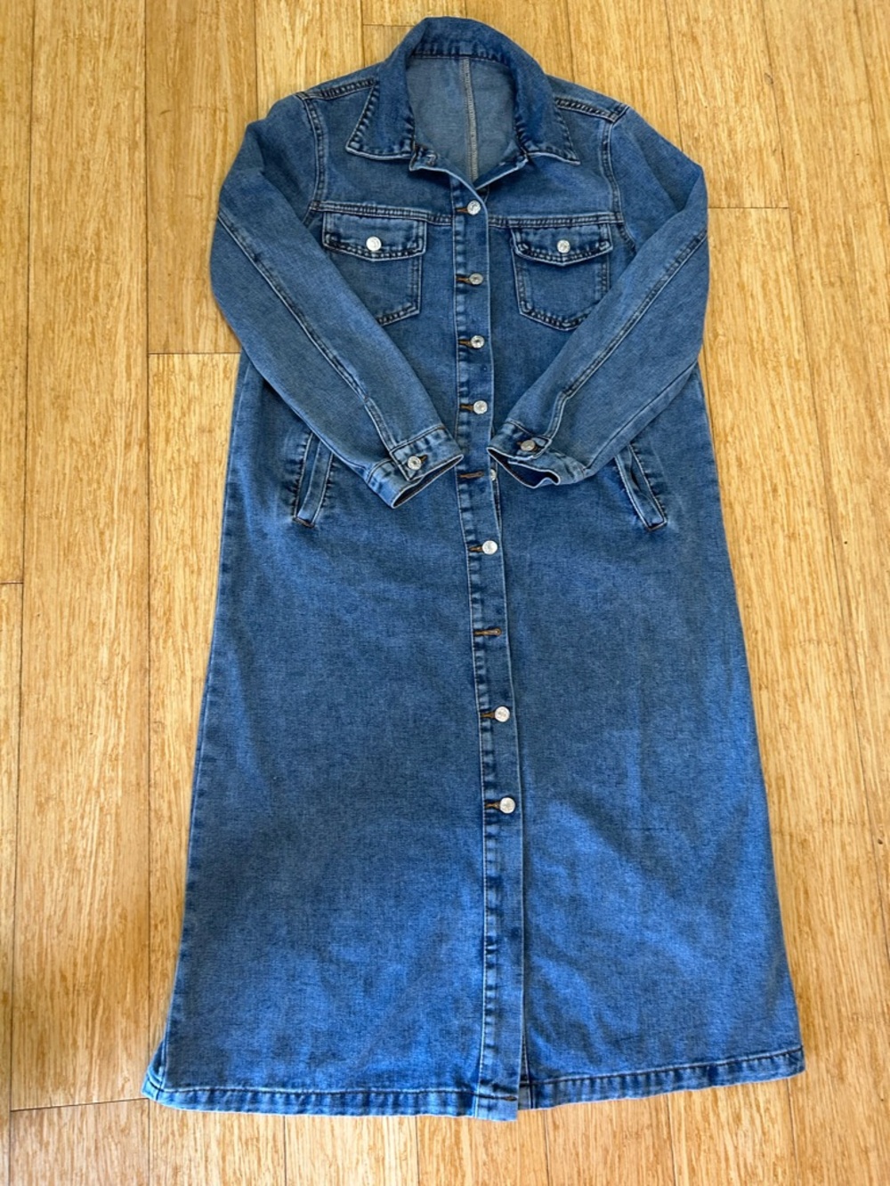 Denim Long Sleeve Button-Front Maxi Dress - Blue - Sz L